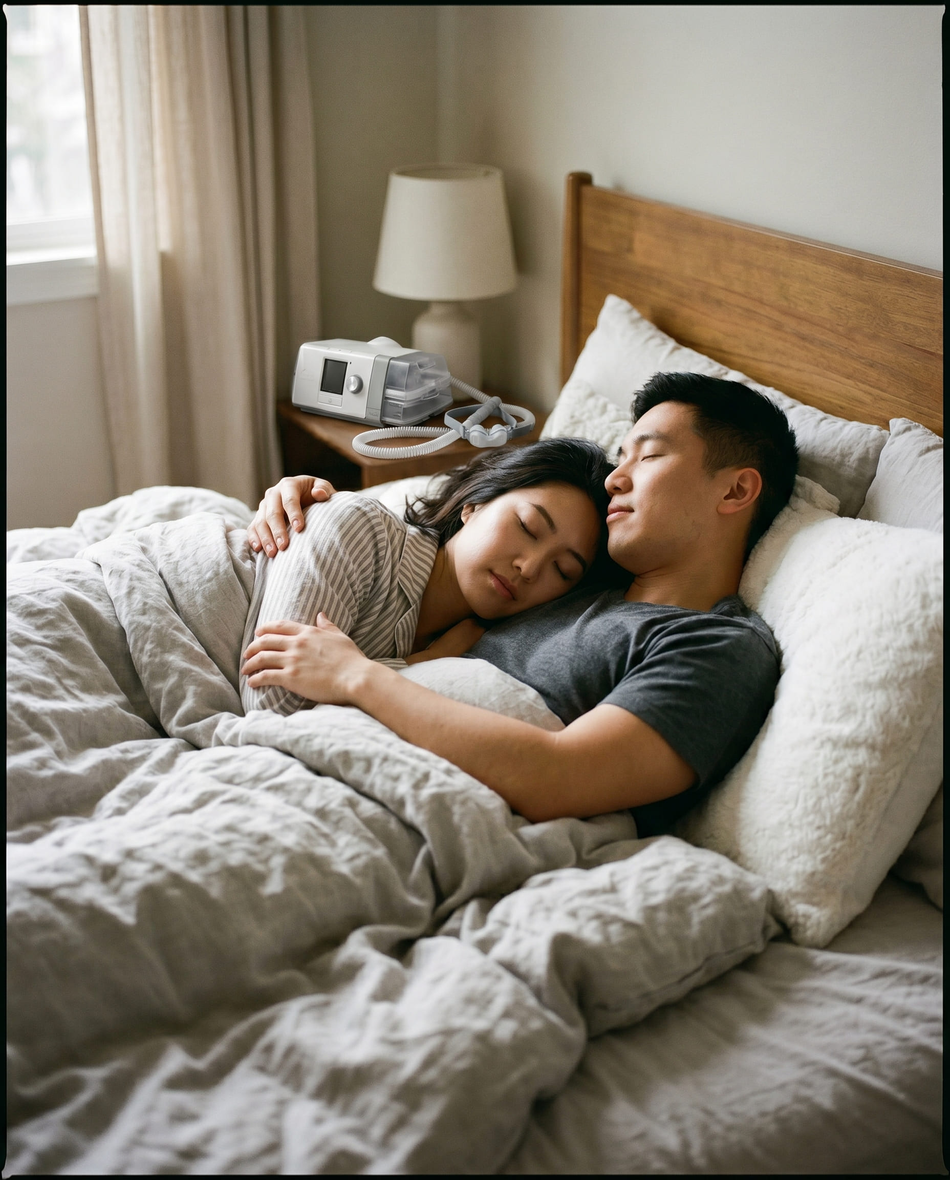 คู่รักนอนหลับสบายในห้องนอน พร้อมเครื่อง CPAP ข้างเตียง